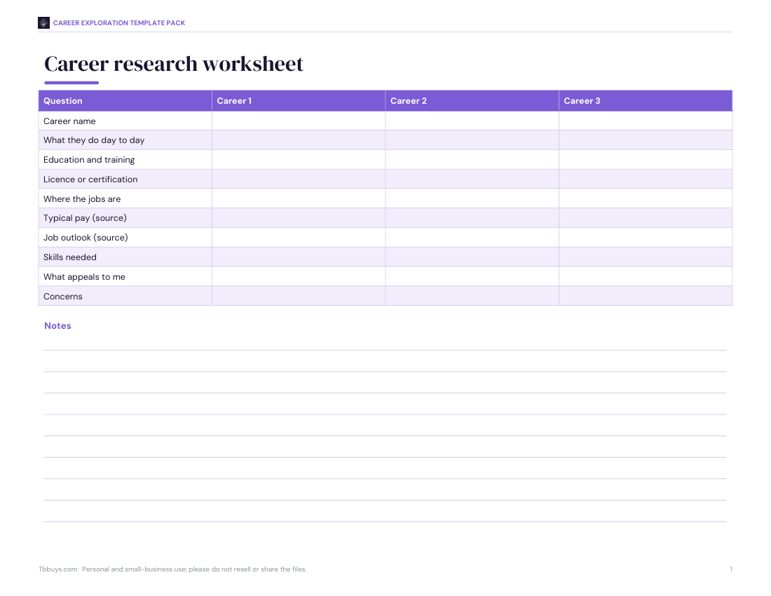 Preview of the first page of Career research worksheet (PDF/DOCX)